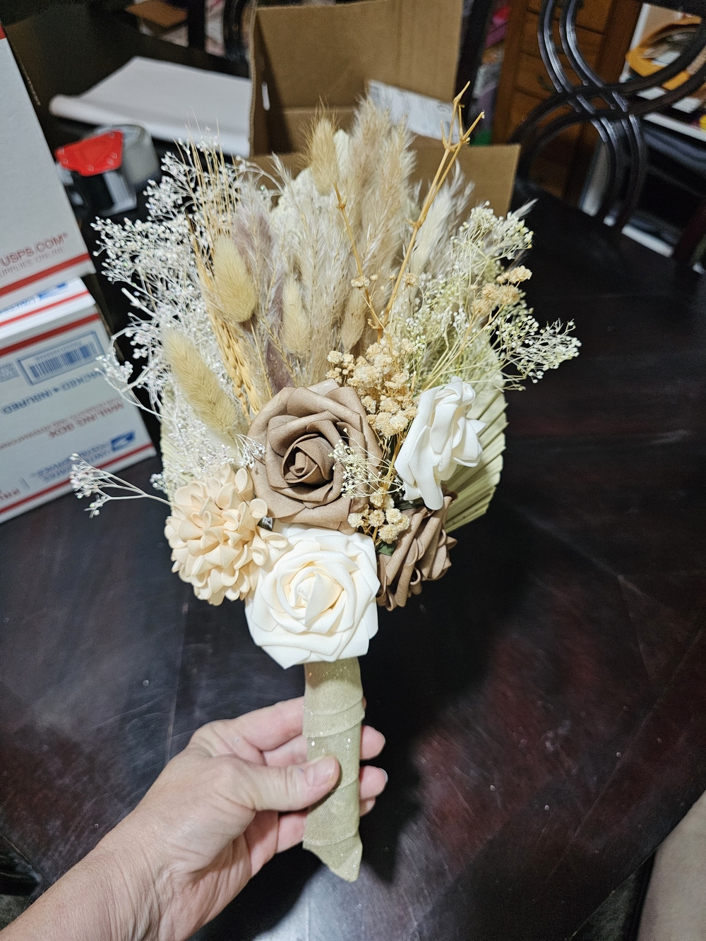 Boho Neutral Faux Floral Bridesmaid Bouquet 3 in Cream and Tan